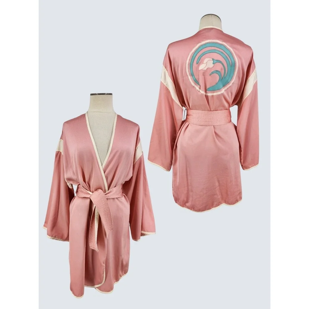 Vintage Saks Satin Robe Glam Boxing Short Belted Glam Lily Floral Made USA Pink